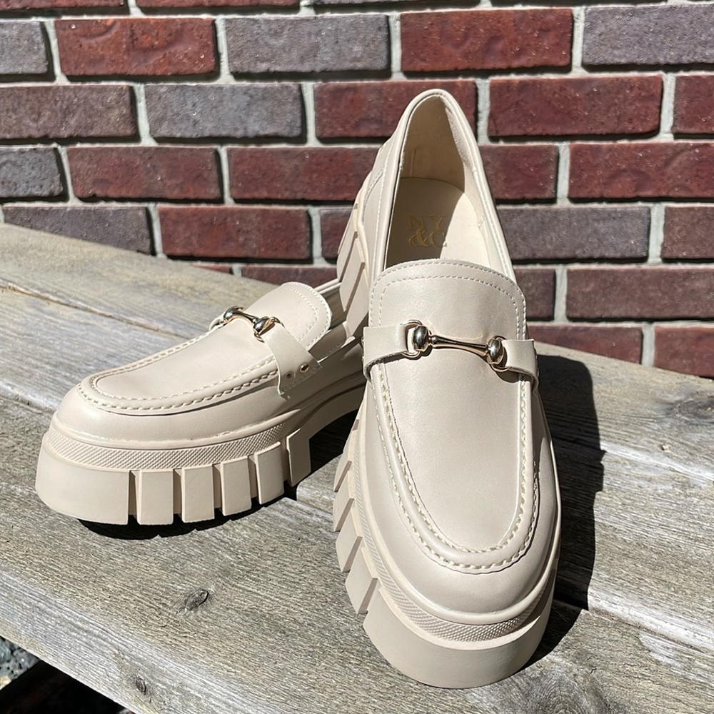 New York & Company Cream Chunky Platform Loafers with Gold Accent